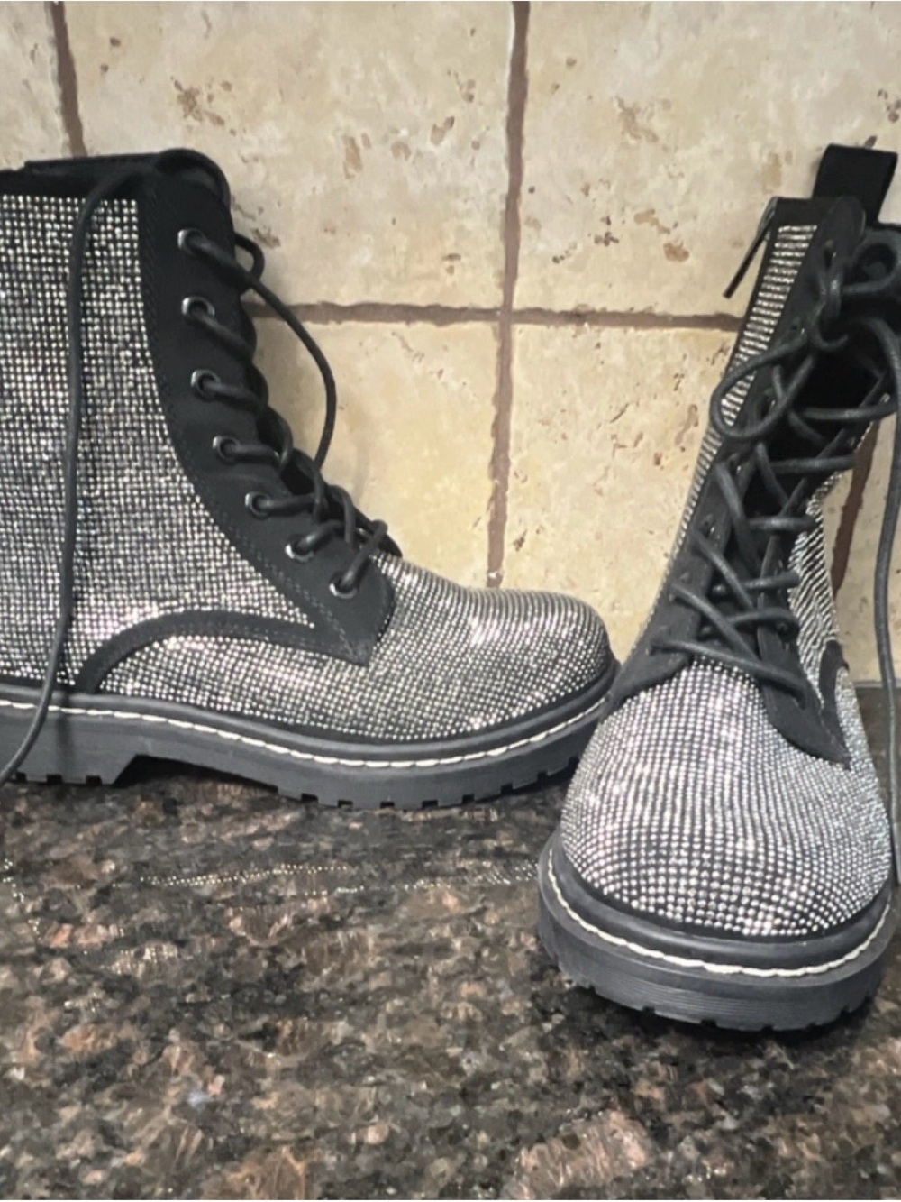 Betsey Johnson Black and Silver Glitter Lace-Up Combat Boots